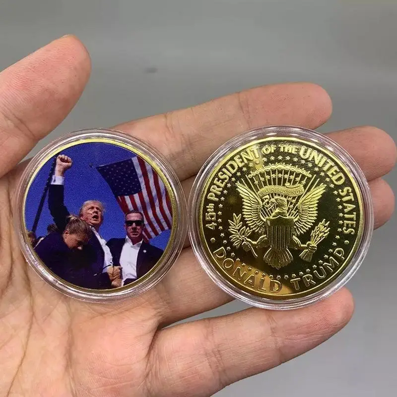 Attack On DonaldTrump Challenge Coin 2024 US President 47th Gold Coin Collectibles USA Fight Commemorative Medals In Capsule