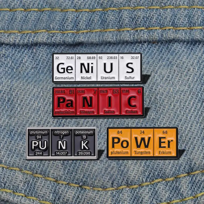 Pins Custom PO W ER GE NI U S Punk Brooches Lapel Badges Subject Jewelry Gift for students Friends Chemical Element Enamel