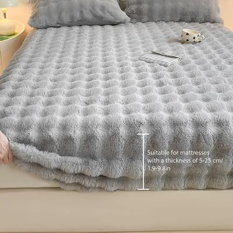 Bubble Textured Faux Fur Fitted Sheet, Soft Plush Mattress Cover, Cozy Warm Fluffy Fleece Bed Sheet for Winter Bedroom