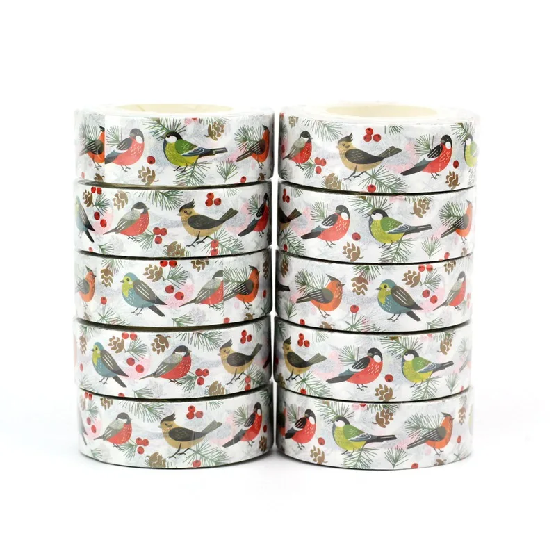 NEW 10pcs/Lot Decorative Cute Cardinal bird on Mistletoe Leaves Washi Tapes for Craft Journal Adhesive Masking Tape Papeleria