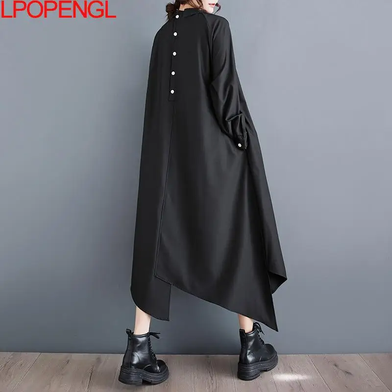 New Spring Korean Fashion Button Elegant Dress Black Bright Line Contrast Irregular Hem Single Breasted Ankle-length Long Dress