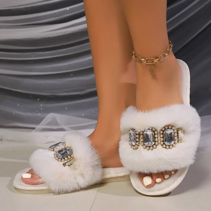 Winter Woman Slipper Luxury Slides Low Fur Shoes Flock Platform Pantofle Jelly Flip Flops Designer Plush Flat 2024 Glitter Cryst