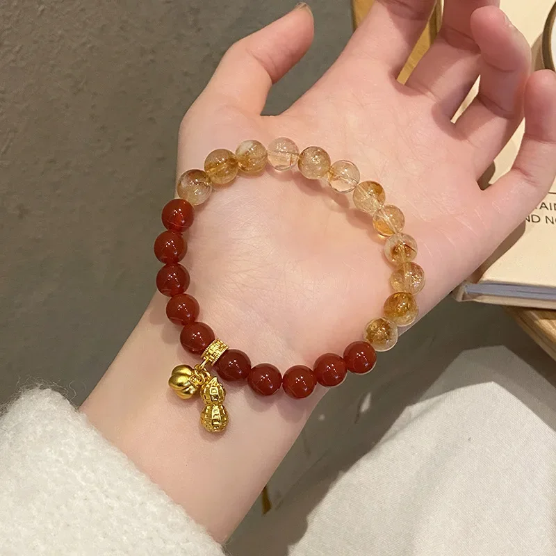 2025 Lucky Natural Red Agate Yellow Crystal Beaded Bracelets Women Alluvial Gold Ancient Coin&Peanut Persimmon Charm Bangle 1384