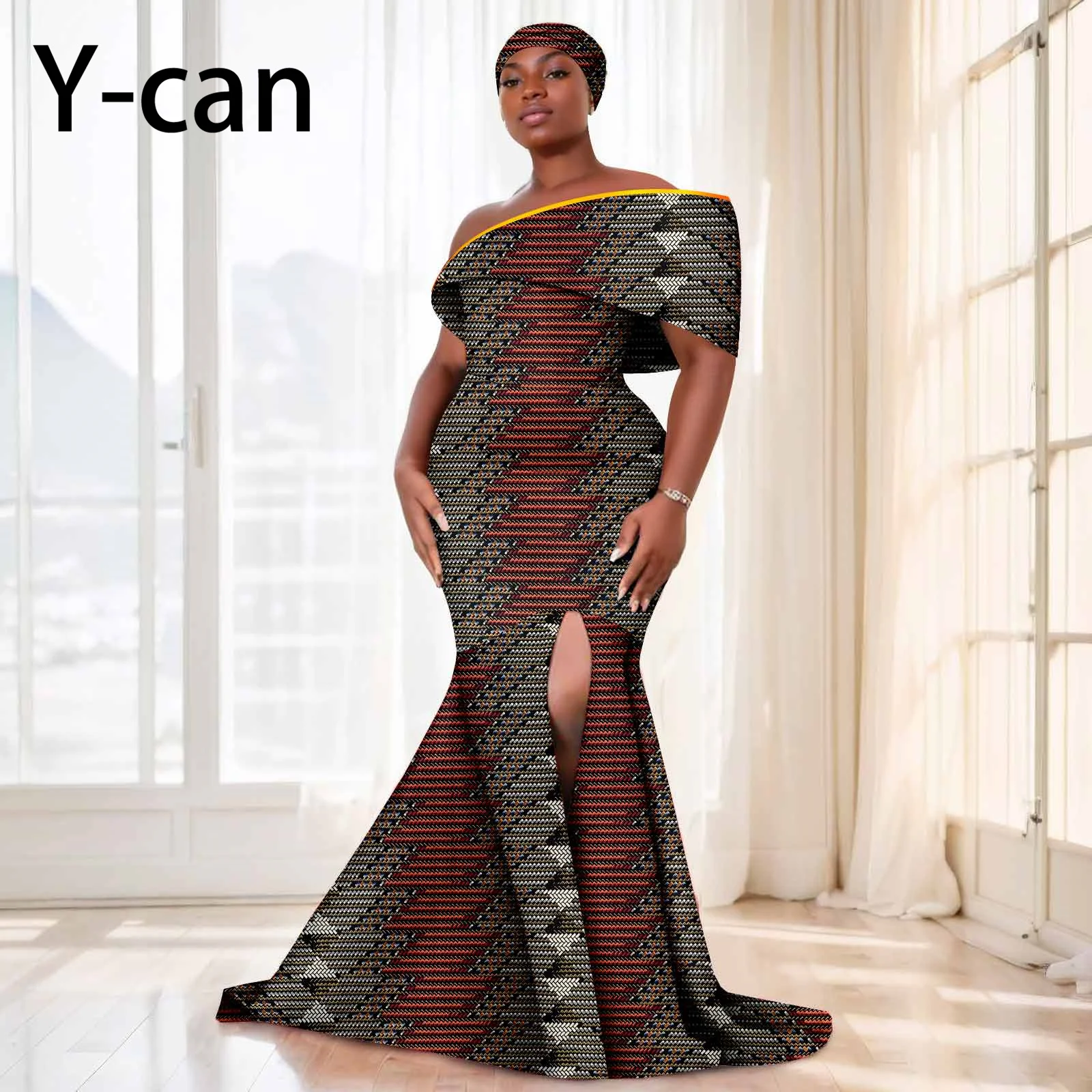 African Dresses for Women Festival Party Dashiki Ankara Print Off Shoulder Dress with Headwrap Wedding Bridal Dress 2425159