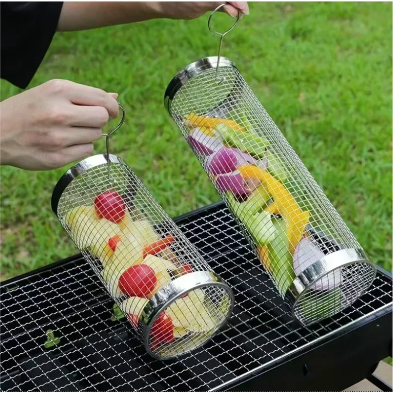 Rolling Grill Basket for Veggies,304 Stainless Steel Round Barbecue Net Tube,Rolling Barbecue Grill Cage,BBQ Grilling Basket