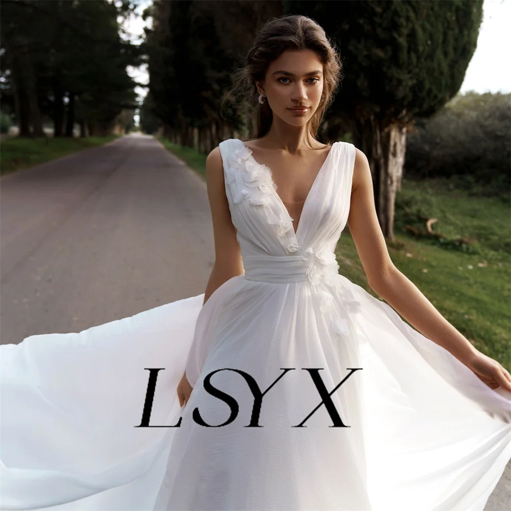 LSYX Boho Sleeveless 3D Flower Pleats Fairy Chiffon Wedding Dress Open Back V-Neck  A-Line Court Train Bridal Gown Custom Made