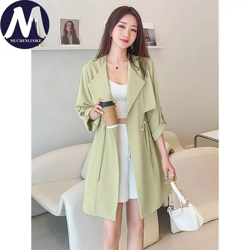 

Women's Trench Coat Spring Autumn New Korean Fashion Three-quarters Sleeve Drawstring Trench Elegant Casual Loose Women Coats