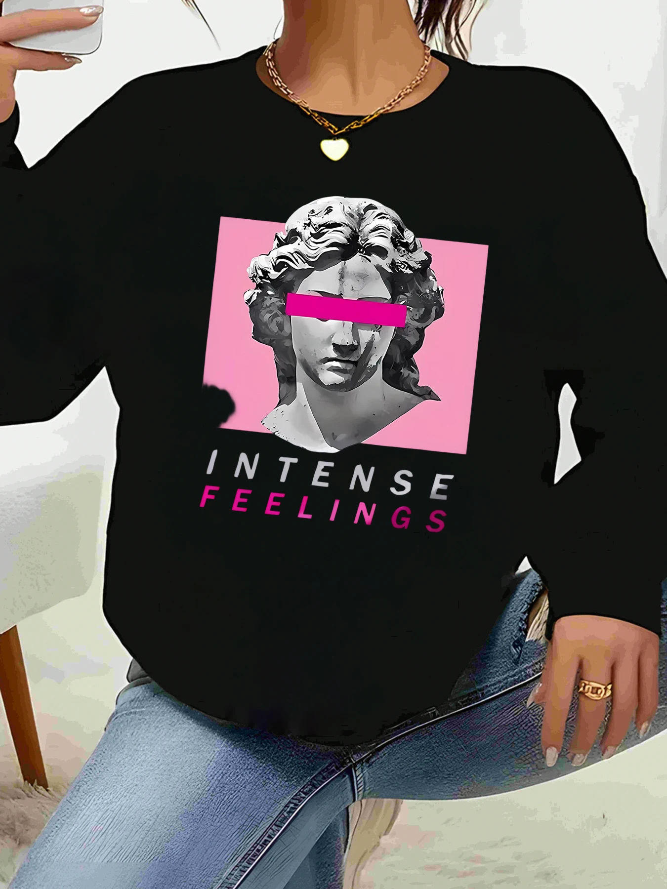 

Classic Sculpture Print Intense Feelings Sweatshirt Halloween Casual Wear Women