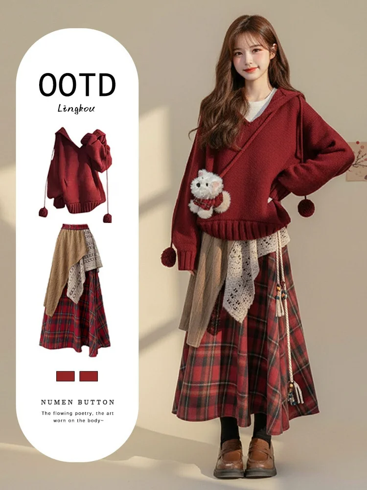 

Red Plaid High Waist Skirt And Hoodie Two-Piece Set plus Size Autumn Winter Faion Slimming Outfit for Women