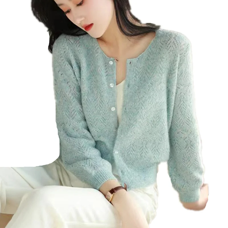 Fashion hollow-out 100% pure wool cardigan women spring and autumn round neck sweater short sweater loose cashmere small coat