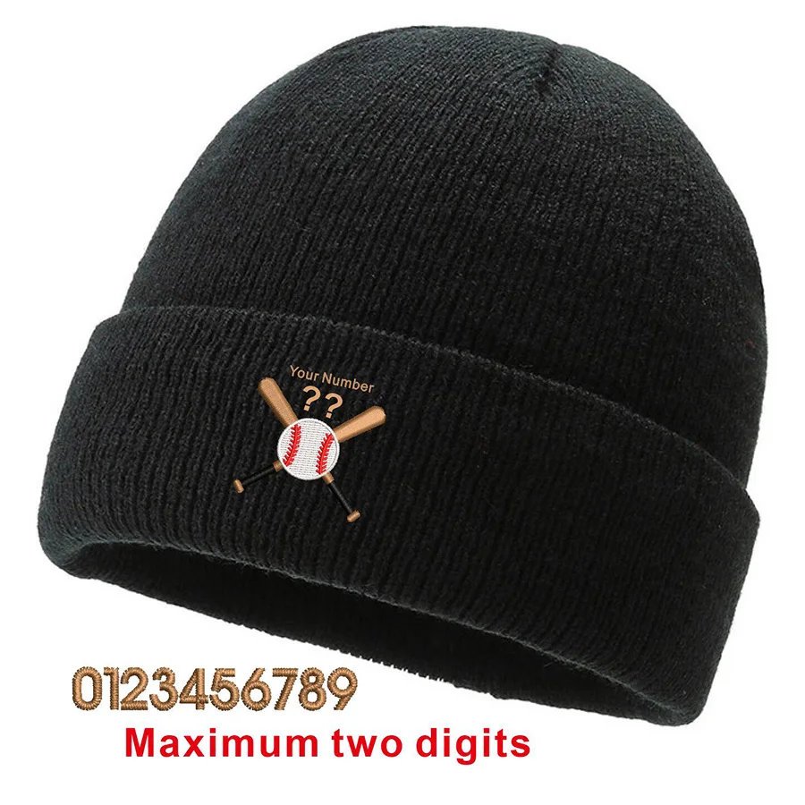 Custom Embroidered baseball bat Personalized Your numbers Unisex Beanies Knitted hats Winter thick caps Men Women Caps Bonnet 