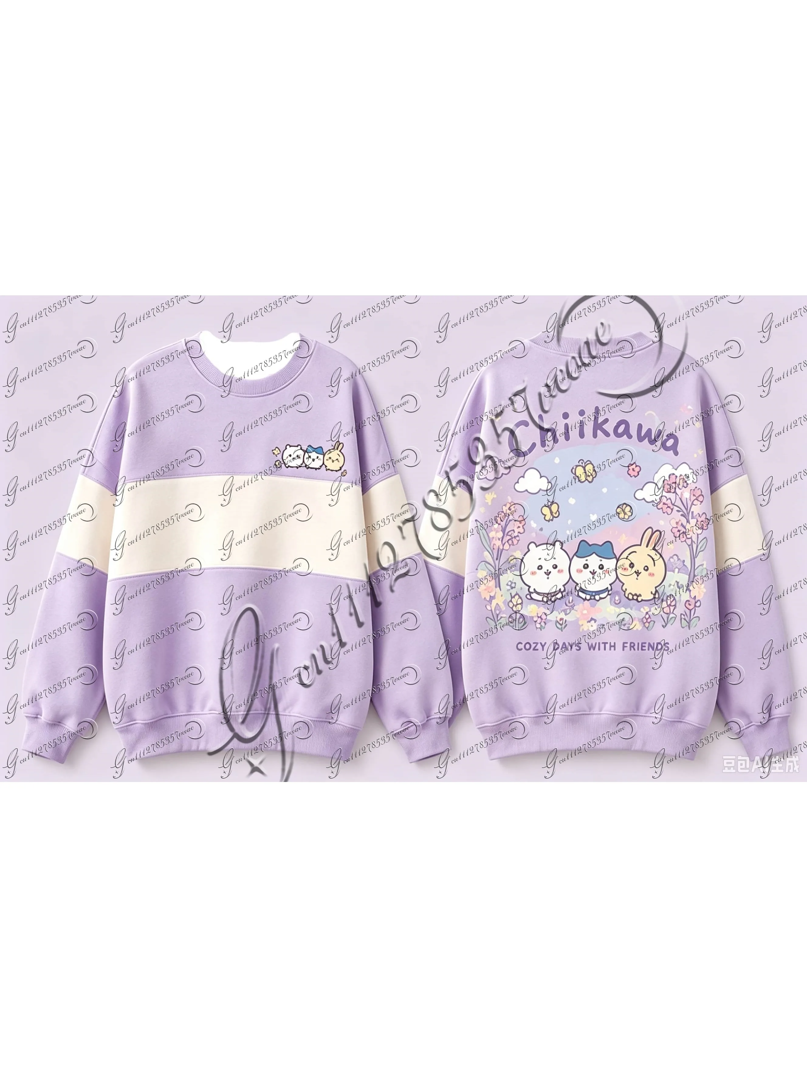 Chiikawa Kawaii Cartoon Sweatshirt, Farbblock-Streifenmuster, doppelseitiger Grafikdruck, Rundhalsausschnitt, Pullover, Unisex, lässige Oberteile.