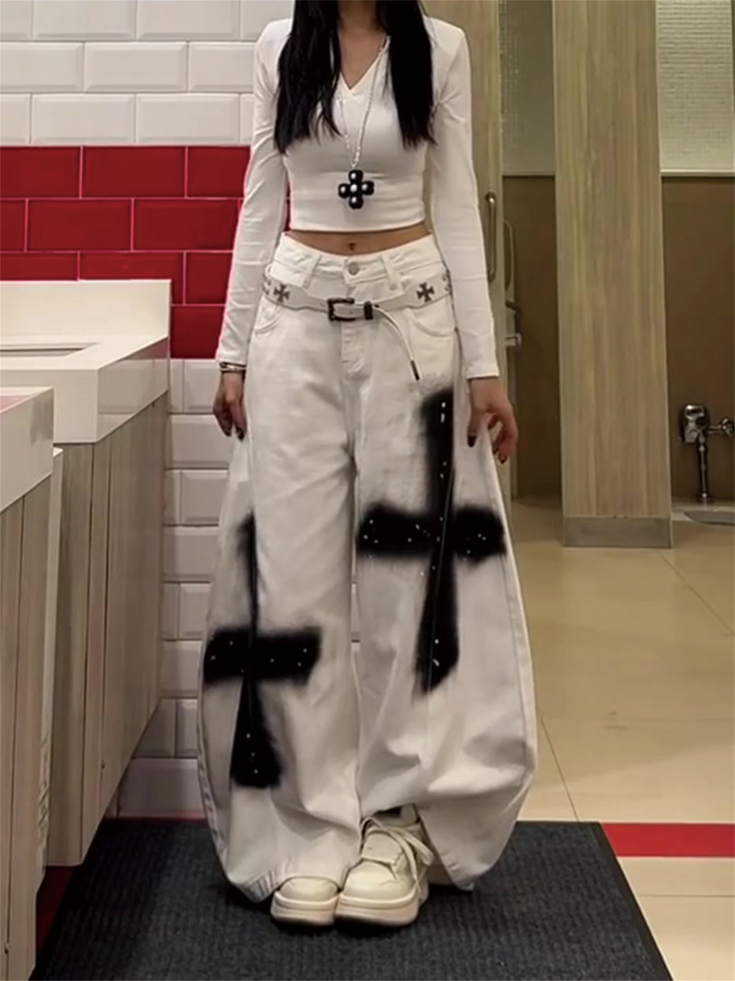 Y2K Women's High Waist Super Wide Leg White Jeans Black Cross Graffiti Studded Gothic Streetwear Trendy Denim Trousers