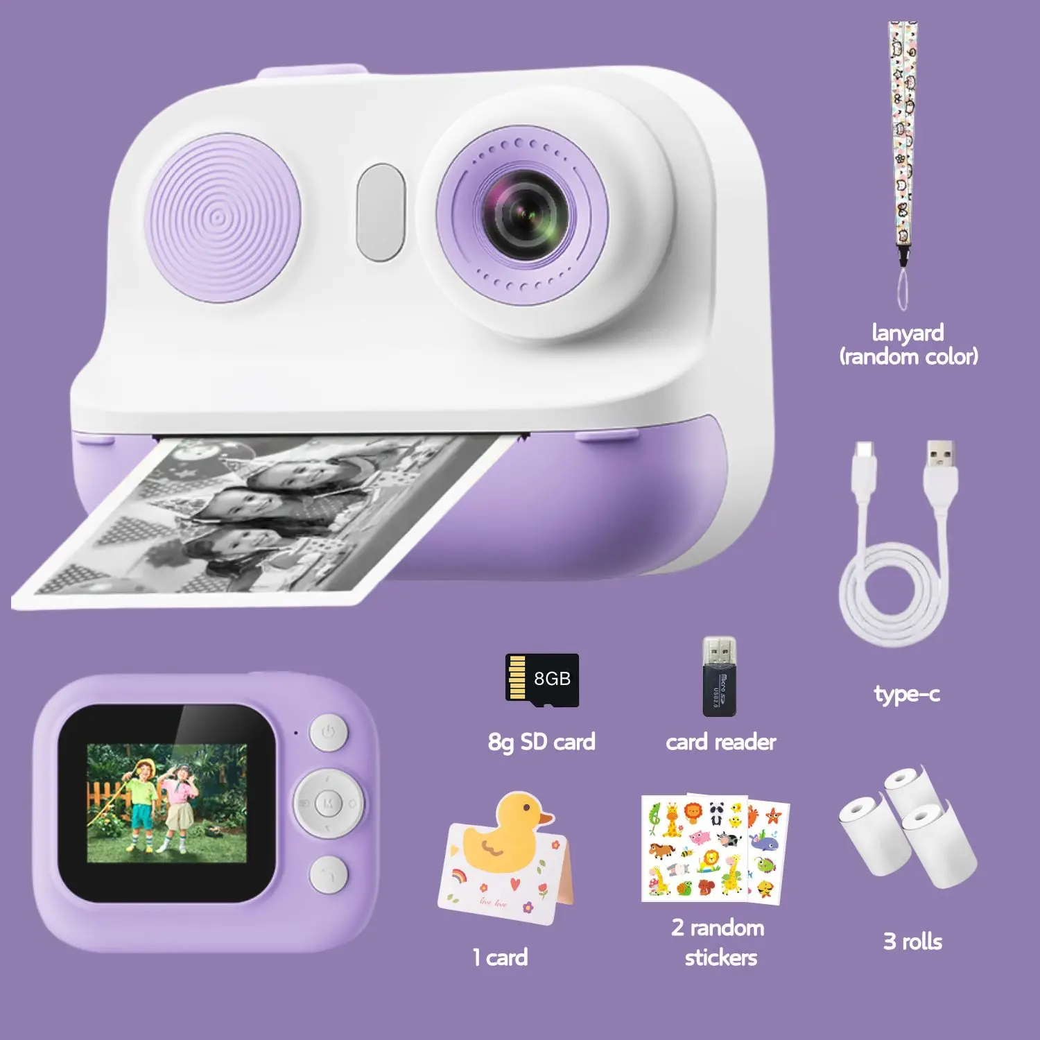 Cute Kids Photo Camera Printer with Game Plain Color Purple Pink Mini Digital Video Child Instant Print Camera Girls Boys Gift