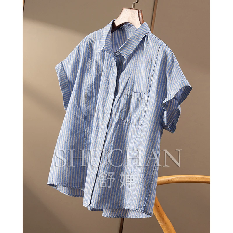 High-quality Cabinet 60 Cotton Striped Short-sleeved Shirt Women's 9W83  Blusas Mujer De Moda 2025 Verano