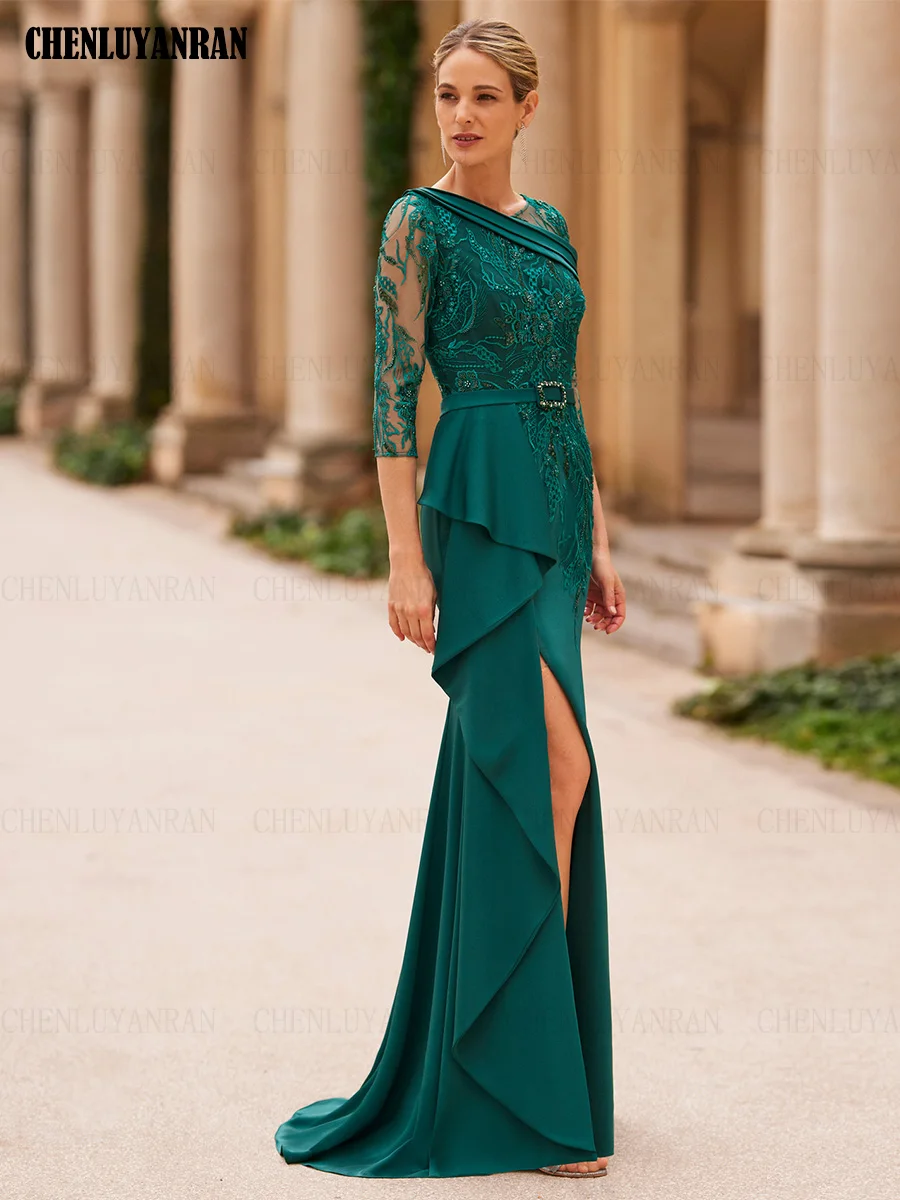 Elegant Mother of the Bride Dresses 2025 Mermaid Wedding Guest Gowns Lace Pleated Beads Side Slit Dress Women For Wedding Party
