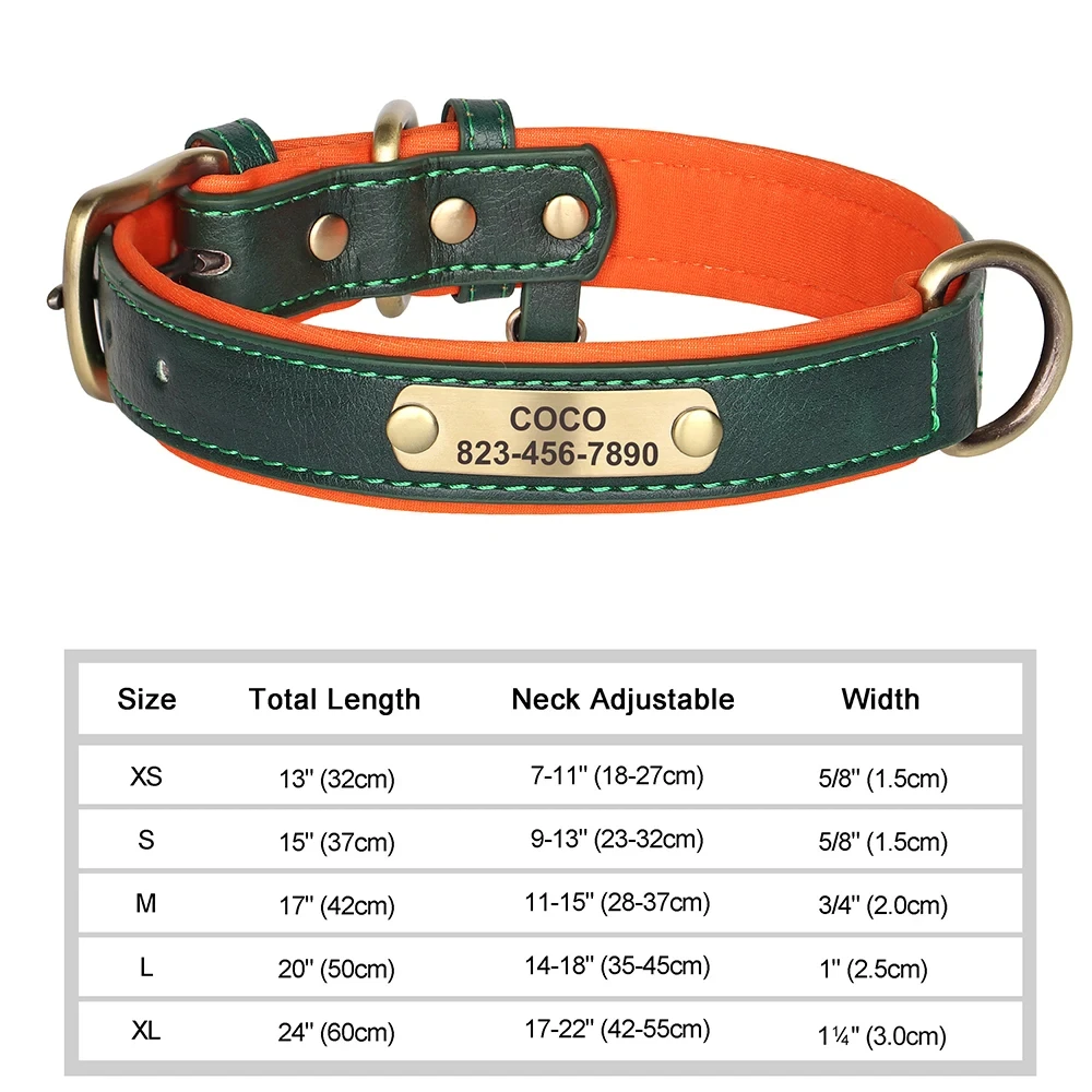 Personalisiertes, individuelles Hundehalsband aus Leder mit Namensschild, weich gepolstert, mit kostenloser Gravur des Namens für kleine, mittelgroße und große Hunde