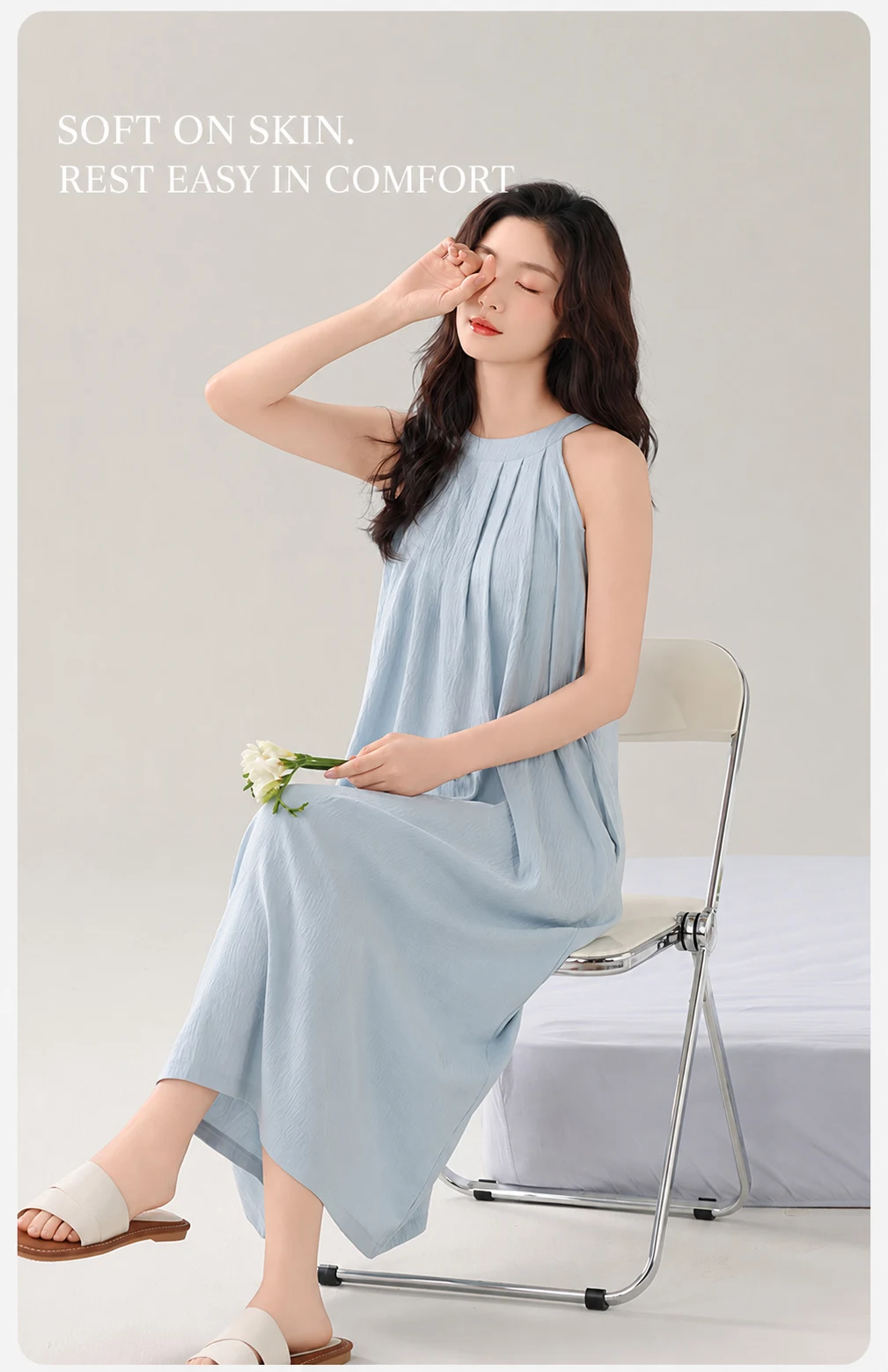 Damen Gepolstertes Ärmelloses Nachthemd mit Eingebautem BH, Herausnehmbaren Polstern, Langes, Weiches Schlafkleid, Sommer-Loungewear, Hauskleid mit Tasche – Detail 4