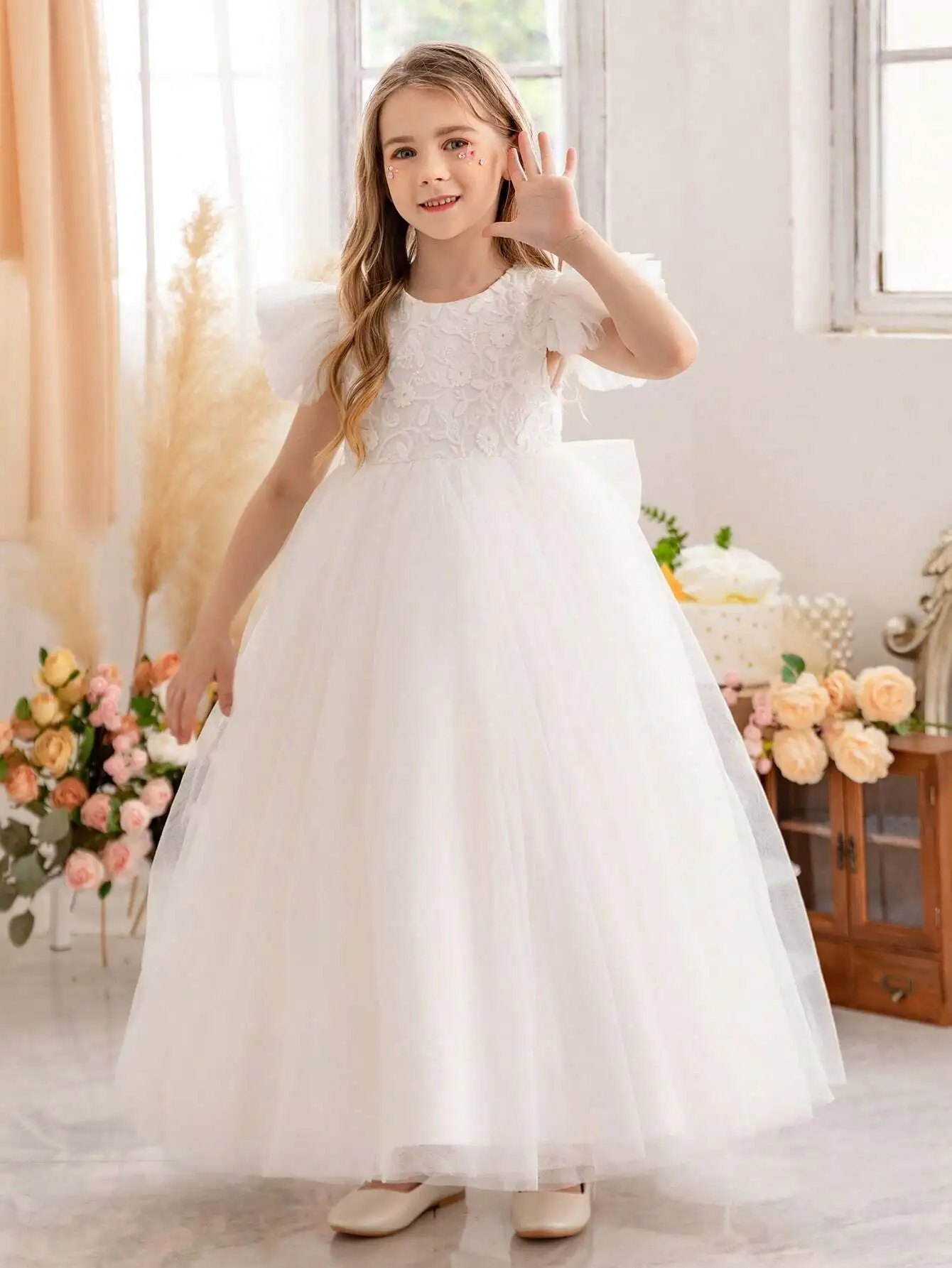 

Tulle Flower Girl Dress For Wedding Elegant Applique Lace With Big Bow Princess Kids Birthday Party Evening Ball Gown