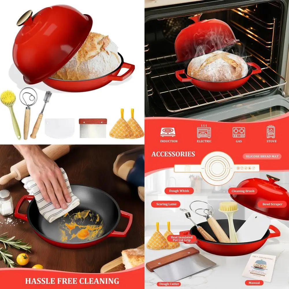 

Enameled Cast Iron Bread Baker, 5-Quart Dutch Oven with Dome Lid, Perfect Crust, Oven-Safe to 500°F, Classic Red