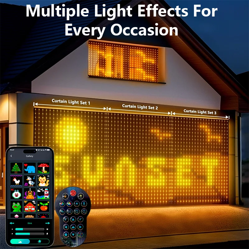 Lampu Tirai LED Pintar 400LED, Kontrol Jarak Jauh via Aplikasi, Lampu Garland Jendela LED, Pola DIY, Tahan Air untuk Luar Ruangan, Pencahayaan Pesta