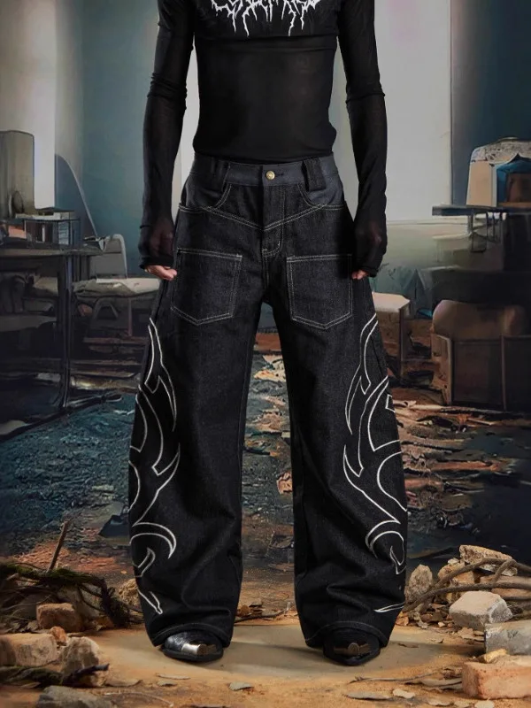 

Мужские джинсы с изогнутым узором «Змея» и вышивкой, широкие, прямые, со средней посадкой, машинная вышивка, повседневные, для подростков