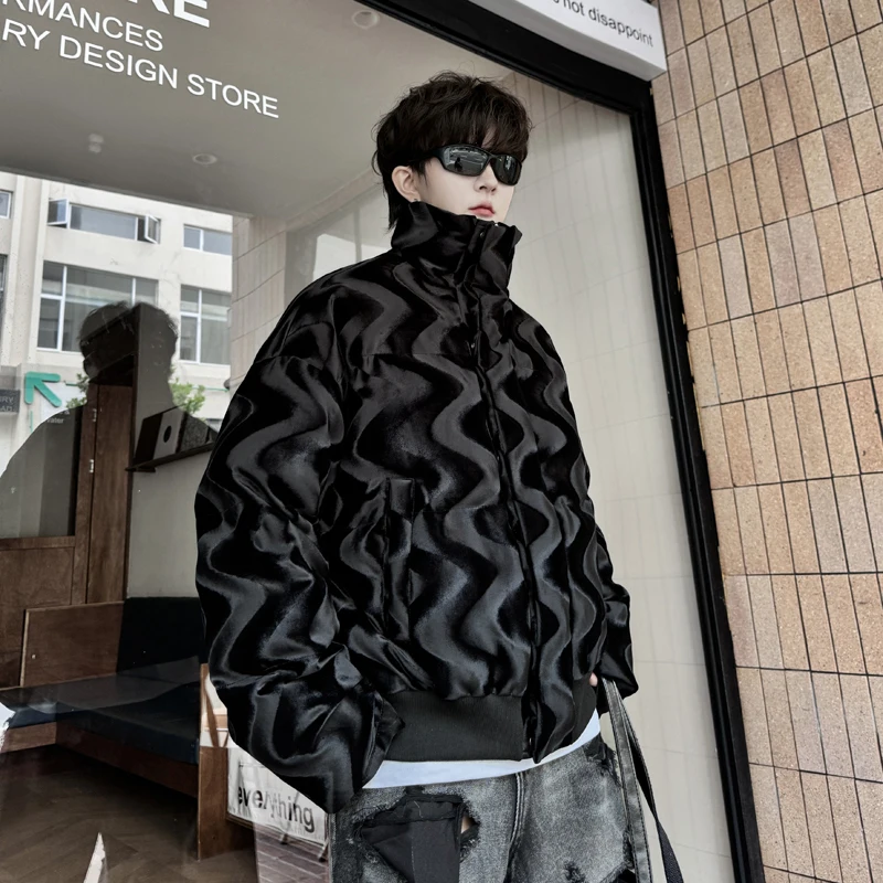 PFNW Niche Winter 2024 New Stand Collar Wave Pattern Men\'s Thick Cotton Coat Loose Causal Zipper Cotton-padded Jackets 28W5404