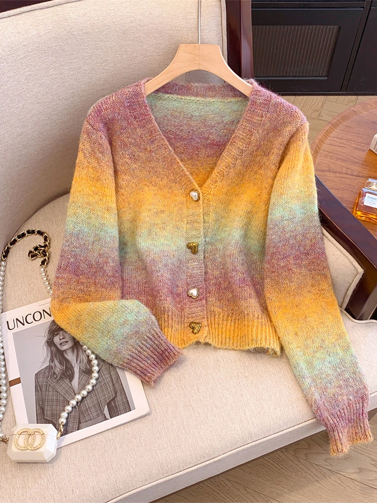 Women's Rainbow Cardigan Sweater Harajuku Korean 90s Y2k Long Sleeves Cashmere Sweaters Jumper Vintage 2000s Clothes Autumn 2024