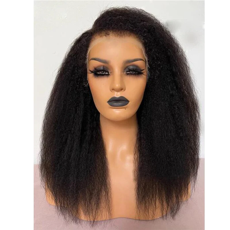 

Soft Natural Black 30Inch Kinky Straight Lace Front Wig With Mached All Skins With Baby Hair Synthetic Preplucked Glueless Daily