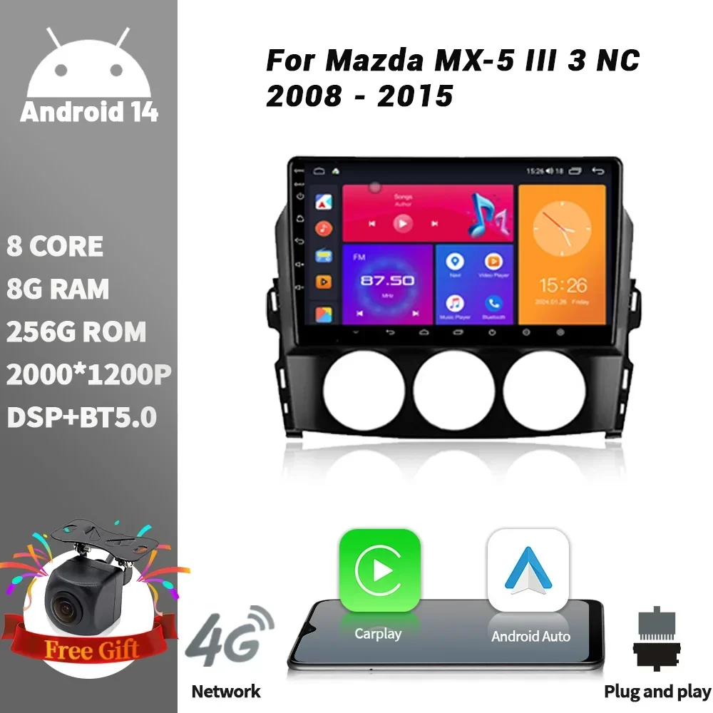 

Car Radio Multimedia Player Navigation Wireless CarPlay Touch Screen Stereo Android Bluetooth For Mazda MX-5 III 3 NC 2008 - 201