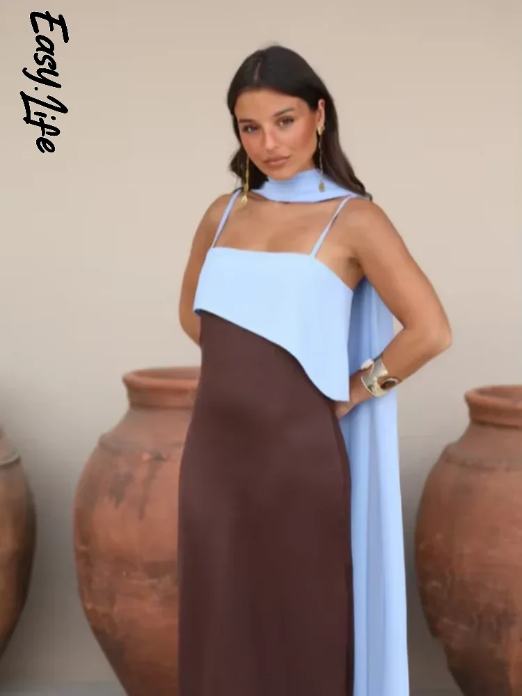 Vestido Maxi Elegante de Tirantes Finos con Bloques de Color y Escote Halter para Mujer, con Abertura Alta y Diseño Delgado, Vestidos 2026 para Fiesta o Uso Diario