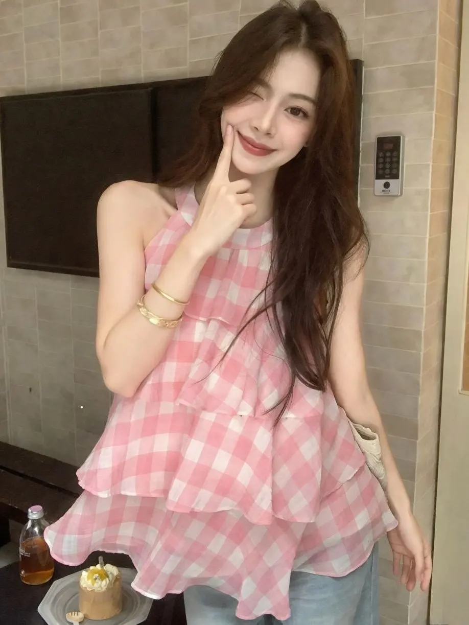 

Sweet Summer Vintage Girl Feel Plaid Neck Hanging Sleeveless Shirt Pure Desire Flower Top Women Korean Style Loose Fit