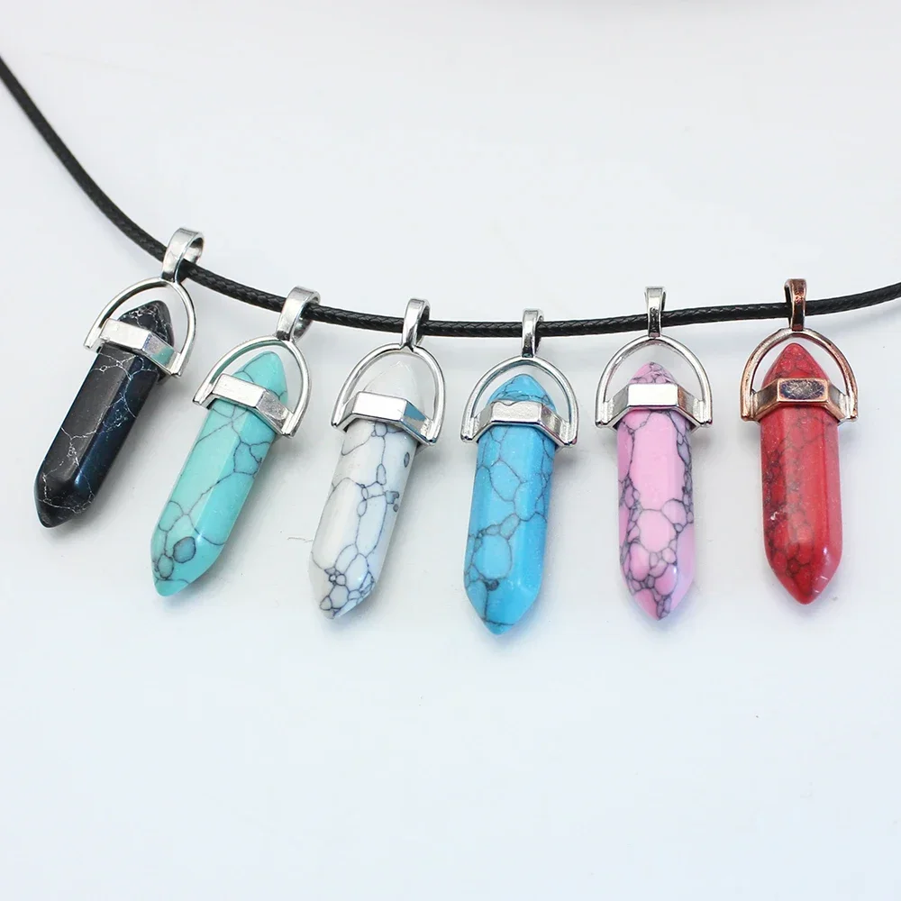 Natural Stone Pendant Necklace Women PU Leather Glass Hexagonal Column Pointed Reiki Chakra Lapis Opal Chunky Jewelry
