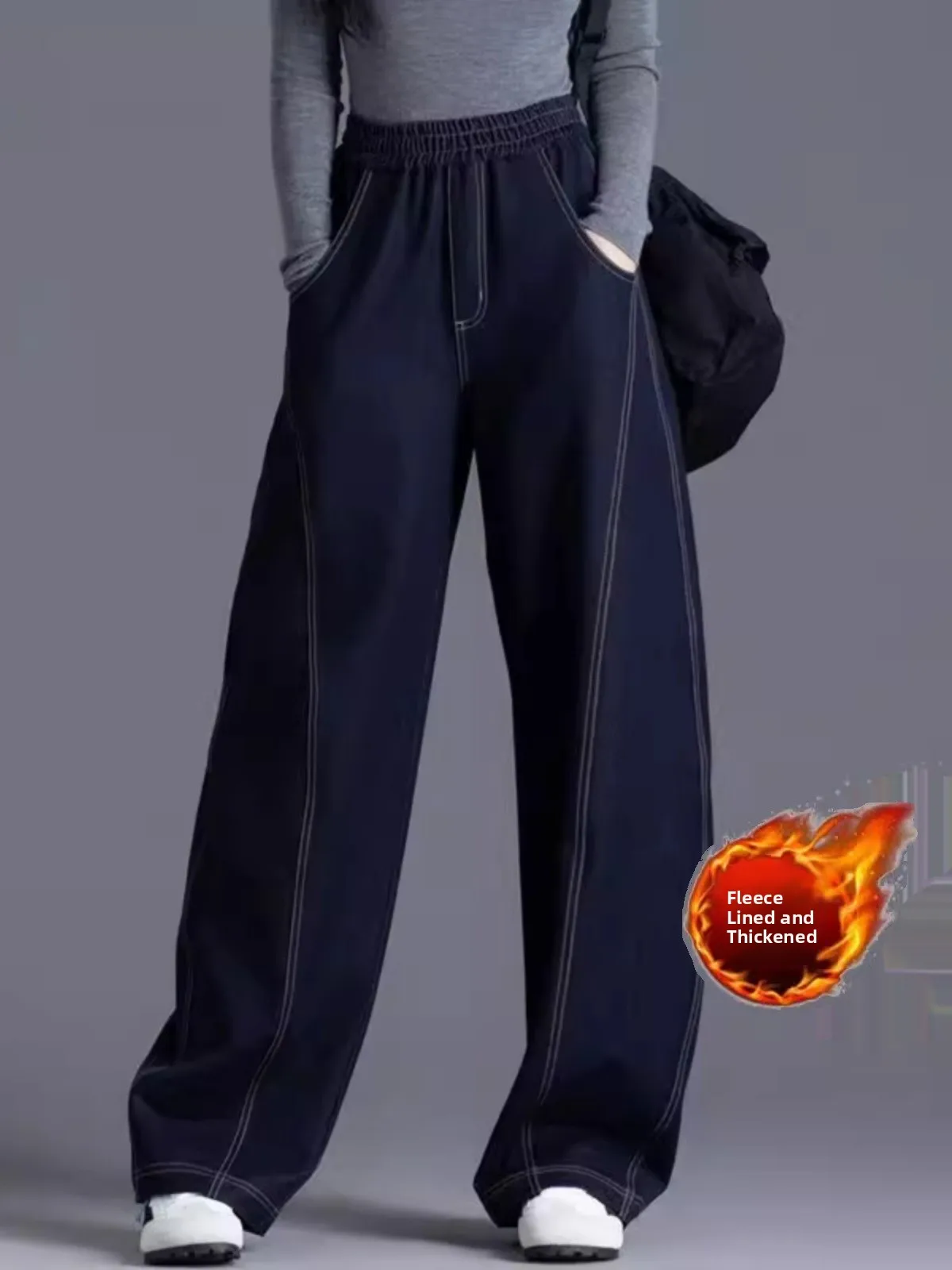 

Расклешенные джинсовые синие джинсы с высокой талией, прямые брюки-бананы на подкладке, весенне-осенние повседневные брюки для женщин