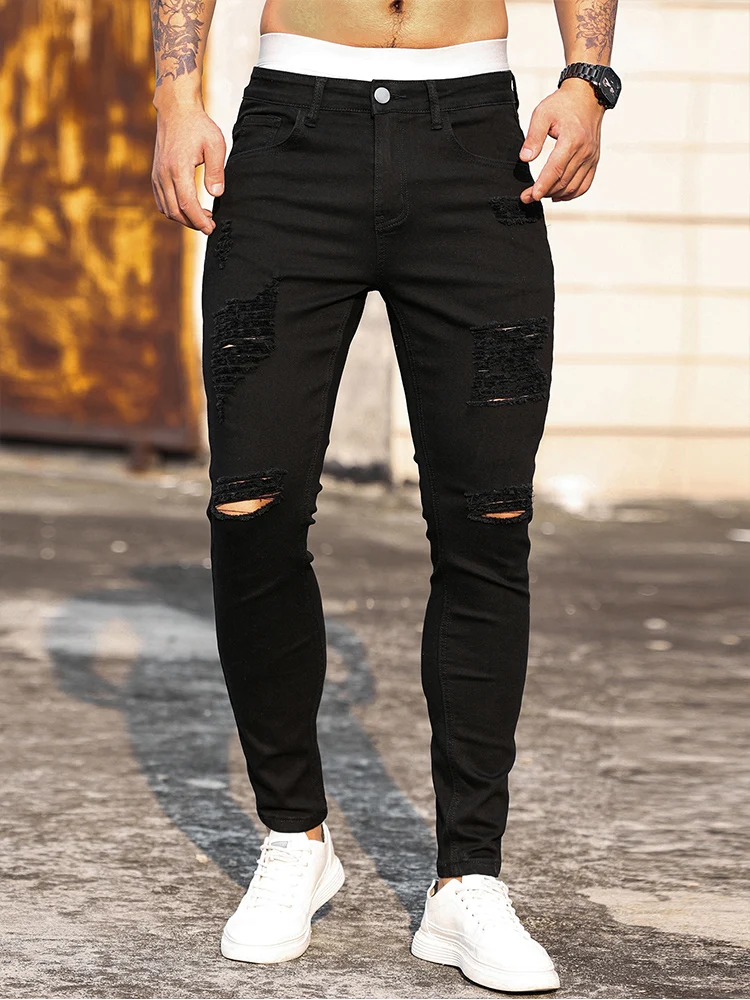 Fashion Men\'s Street Ripped Jeans Pure Black Stretch Tight Small Foot Pencil Pants Boyfriend Club Clothing Denim Ropa Hombre