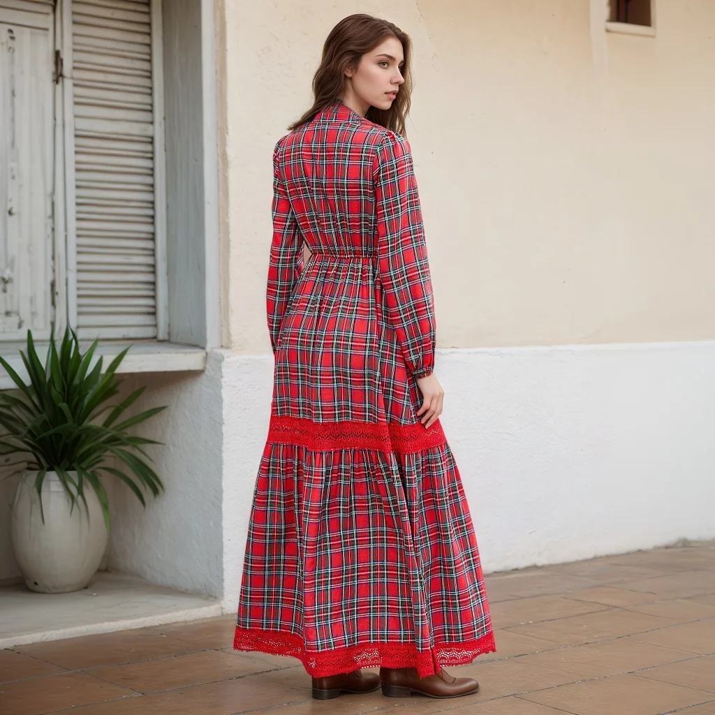 Women Red Plaid Maxi Dress Long Sleeve Casual A-Line Dress Lace Patchwork Tassel V Neck Bohemian Vintage Spring Autumn