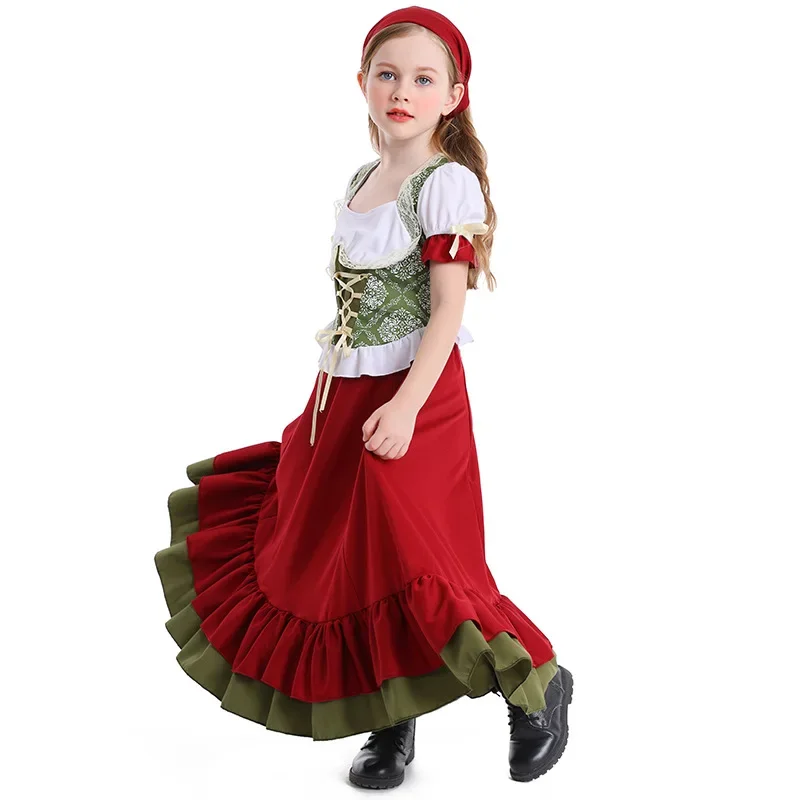 Halloween Children Germany Munich Oktoberfest Farm Maid Lolita Long Dress Girl Burgundy School Dance Show Cosplay Dress Up Suit