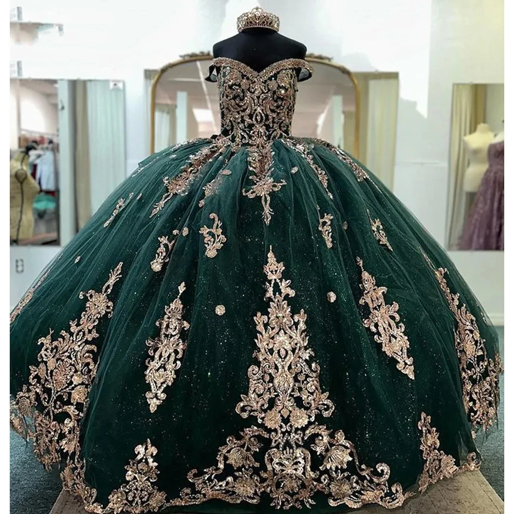 Angelsbridep Smaragdgroen Van De Schouder Crystal Quinceanera Jurk Baljurk Appliqueert Kant Zoete 15 Vestidos De Quinceañera