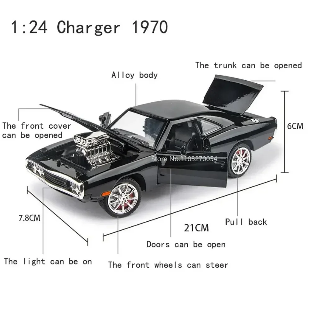 1/24 충전기 1970 자동차 모델 장난감, 합금 다이캐스트 금속 바디 차량, 강한 내구성 고무 타이어, 풀백 기능 장난감 자동차