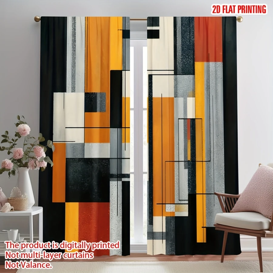 2PCS Digital Printed Curtains, Geometric Modern Flat Print, Polyester Fabric for Family Gathering Bedroom Wall Home Room Decor