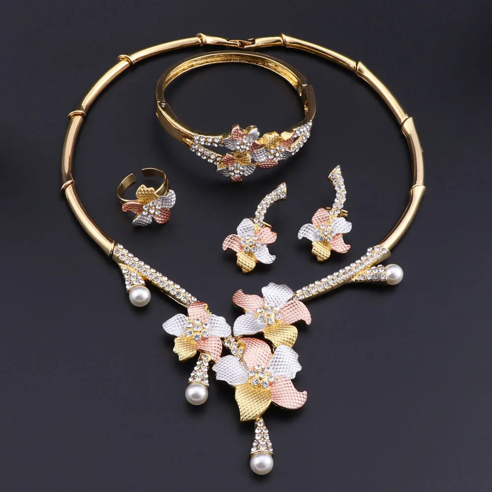 CYNTHIA High Quality Italian Women Fashion Bride Wedding Gold Color Jewelry Necklace Bracelet Ring Earrings Crystal Jewelry Sets