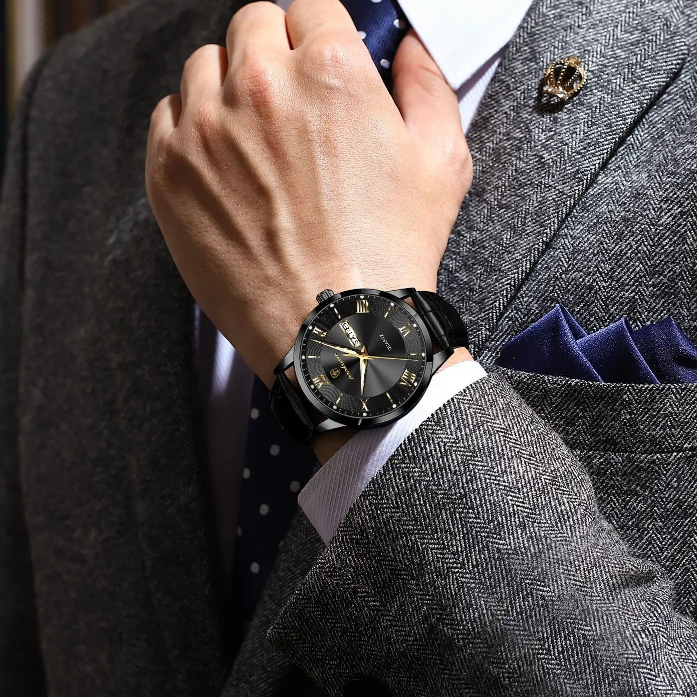 POEDAGAR Original Luxury Wristwatch For Men Waterproof Luminous Date Week Leather Man Watch Simple Business Quartz Men's Watches