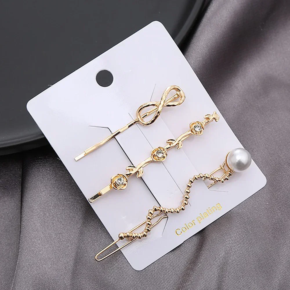 3pcs/Set Crystal Pearl Flower Metal Hair Clips Elegant Women Gold Rhinestone Bobby Pins Hair Barrettes Weddings Hair Accessories