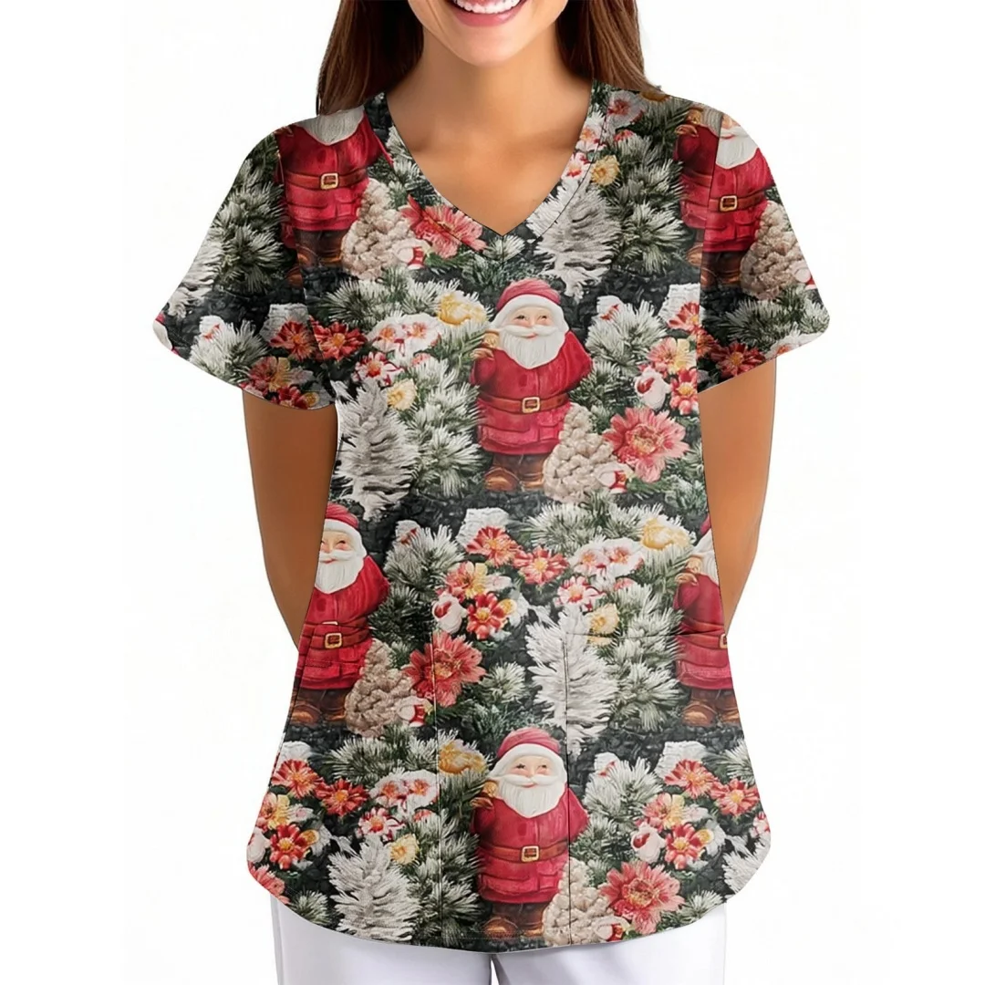 Uniformes bonitos femininos médicos natal boneco de neve padrão dental enfermagem topos com decote em v manga curta bolso santa impressão uniformes enfermeira