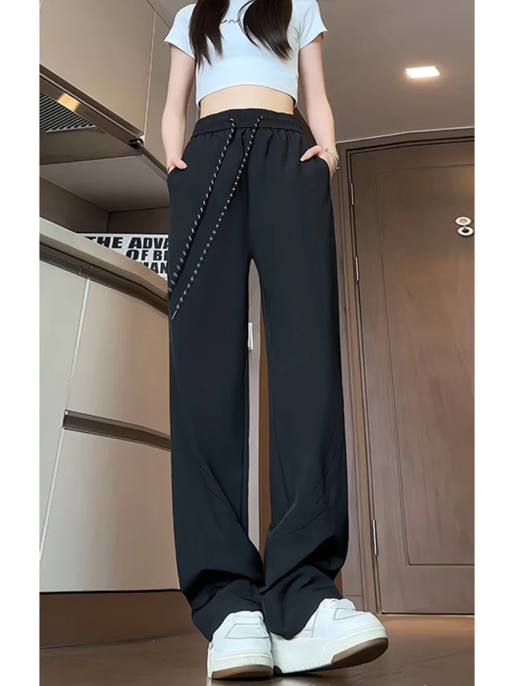 

Ice Silk Men's Casual Pants Summer 2024 New Straight Wide Leg Breathable Qui Dry Sport Long Trousers Loose Fit Elastic Waist