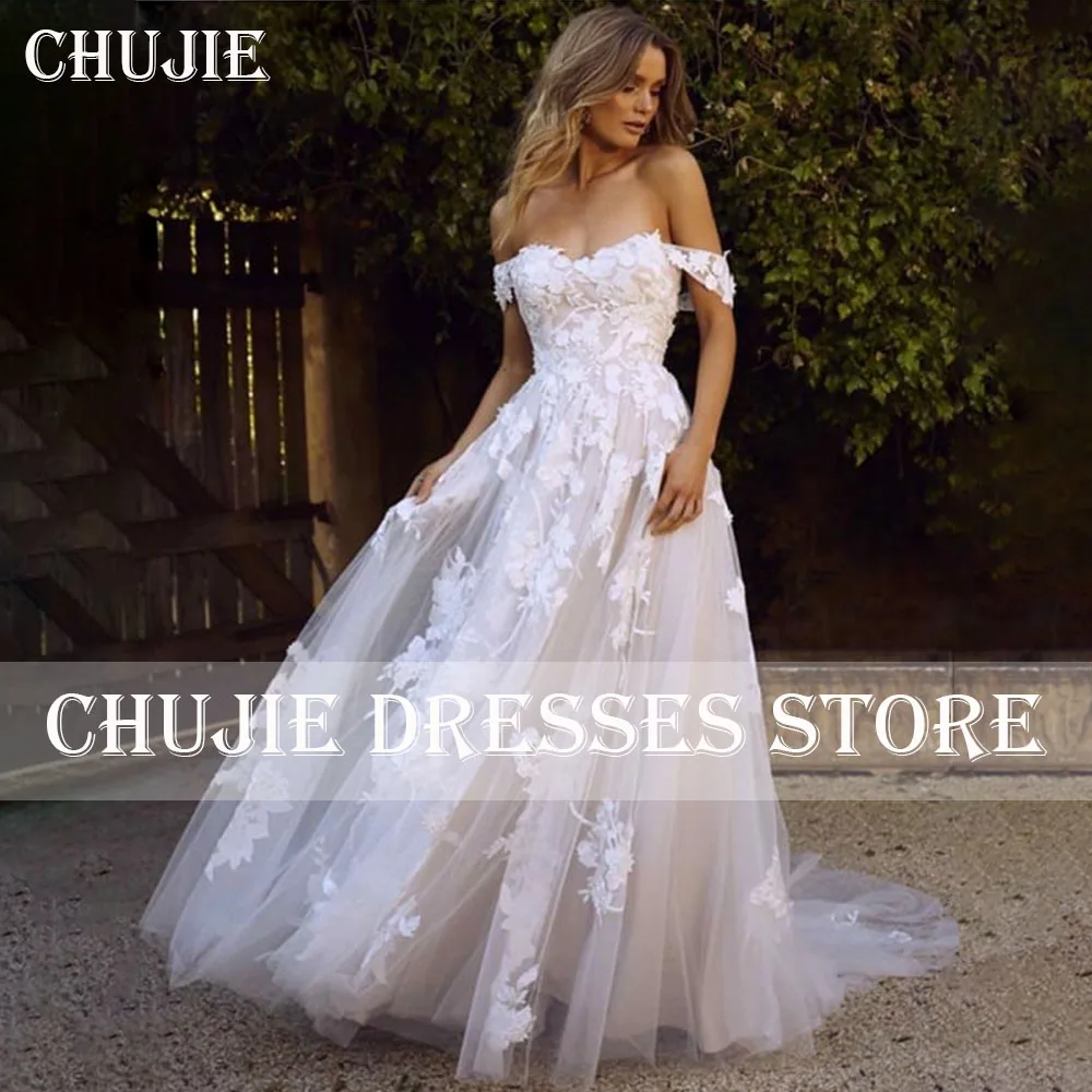 

White Off Shoulder Wedding Dresses Lace Appliques A Line Pleated Bridal Gowns Elegant Customized Bride Dress Vestido de novia