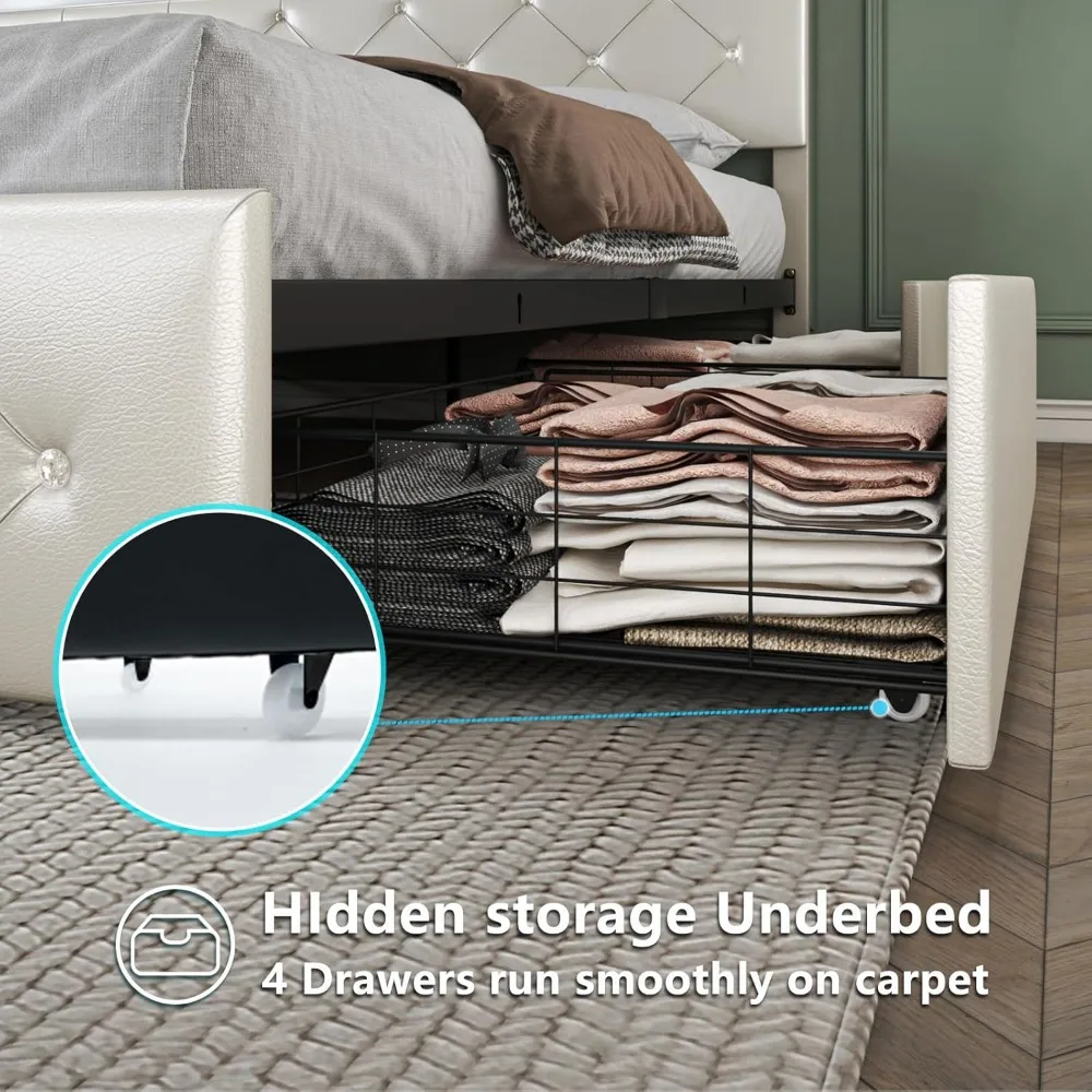 إطار سرير بحجم كوين مع أدراج تخزين وإضاءة LED، ومقبسين ومنفذي USB، ولوح رأسي قابل للتعديل مع تنجيد من جلد البولي يوريثان