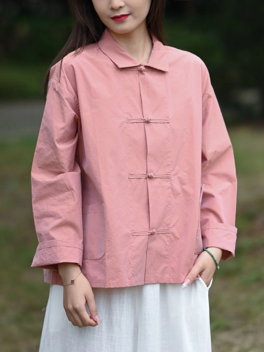 Spring 2025 Original Design Loose Cotton Linen Women's irt Zen Tea Costume Long Sve Pure Color Traditional Chinese Ethni...