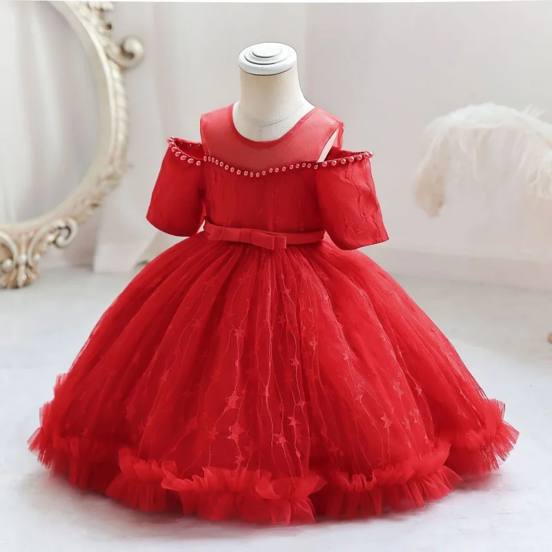 

Summer New Dresses of Bride Fellow Kids off-Shoulder Princess Dress Girls' Pettiskirt Short Sleeve Bow Dress Lace Princess