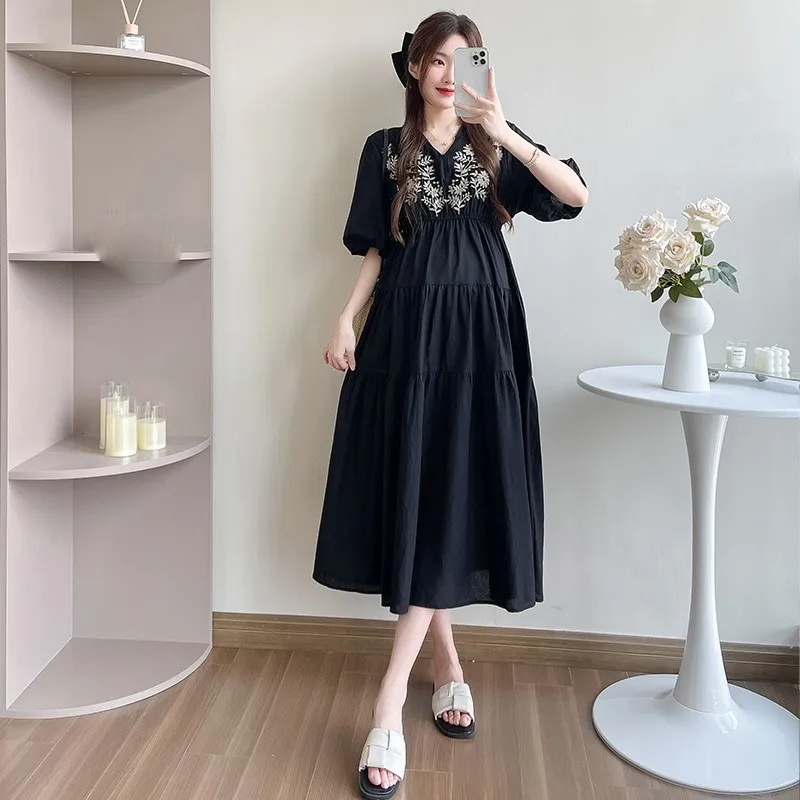 2026-summer-pregnant's-dress-creative-maternity-new-chinese-simple-dress-pregnant-women's-cotton-hemp-loose-v-neck-dress-lj330